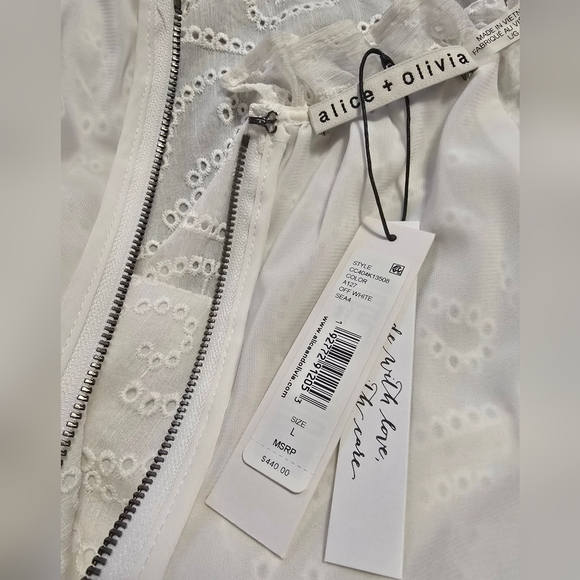 ALICE+OLIVIA Sherrie Gathered 3/4 Sleeves Mini Dress. Off White. Size L - Picture 8 of 16